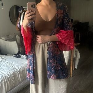 Soft Surroundings Floral Bell Sleeve Kimono Duster in Navy M